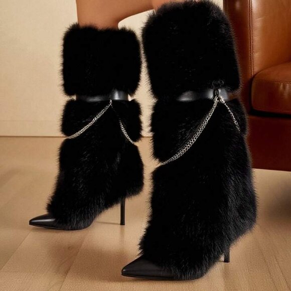 Women's Pointed Toe Stiletto Heels Fluffy Fur Boots Fashion Y2K Halloween Party - Picture 2 of 5